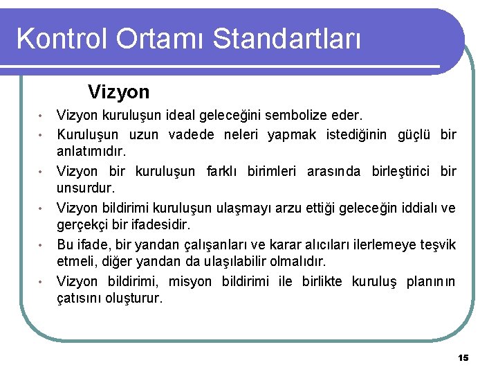 Kontrol Ortamı Standartları Vizyon • • • Vizyon kuruluşun ideal geleceğini sembolize eder. Kuruluşun