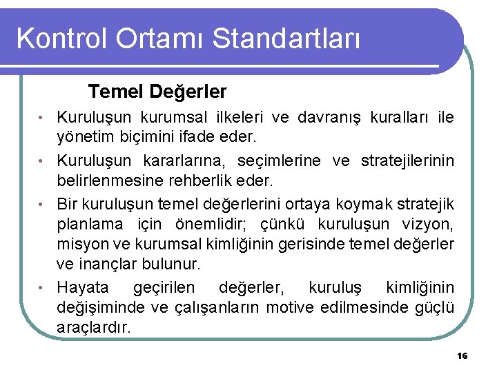 Kontrol Ortamı Standartları Temel Değerler Kuruluşun kurumsal ilkeleri ve davranış kuralları ile yönetim biçimini