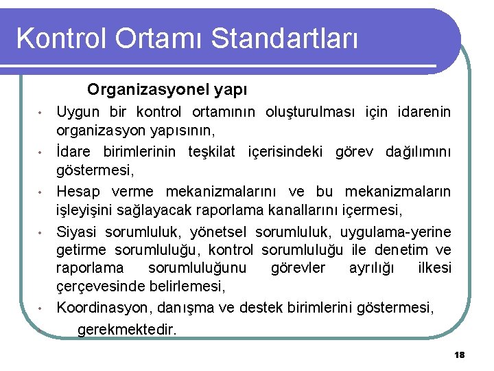 Kontrol Ortamı Standartları Organizasyonel yapı • • • Uygun bir kontrol ortamının oluşturulması için