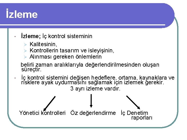 İzleme; İç kontrol sisteminin Ø Kalitesinin, Ø Kontrollerin tasarım ve isleyişinin, Ø Alınması gereken