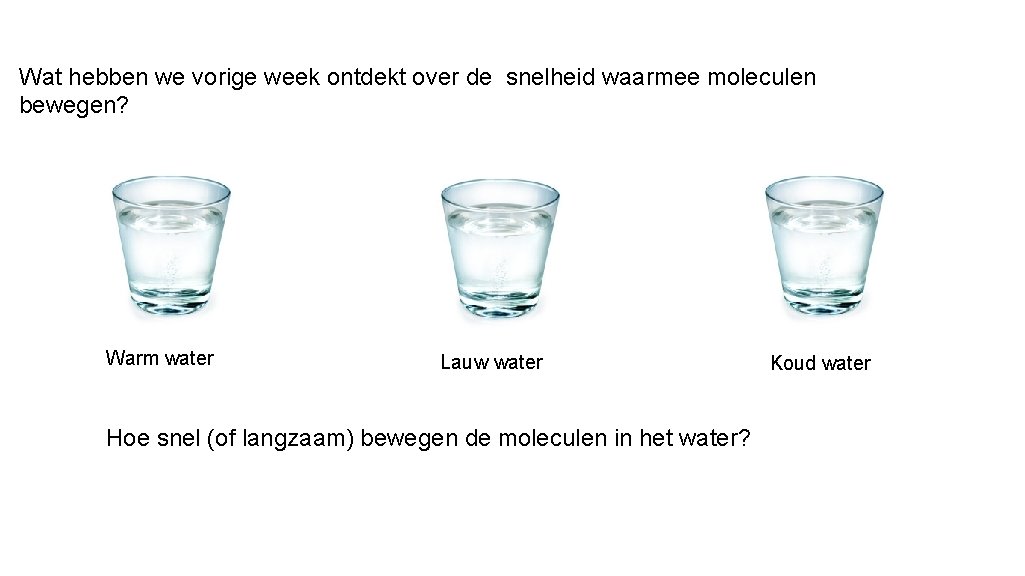 Wat hebben we vorige week ontdekt over de snelheid waarmee moleculen bewegen? Warm water