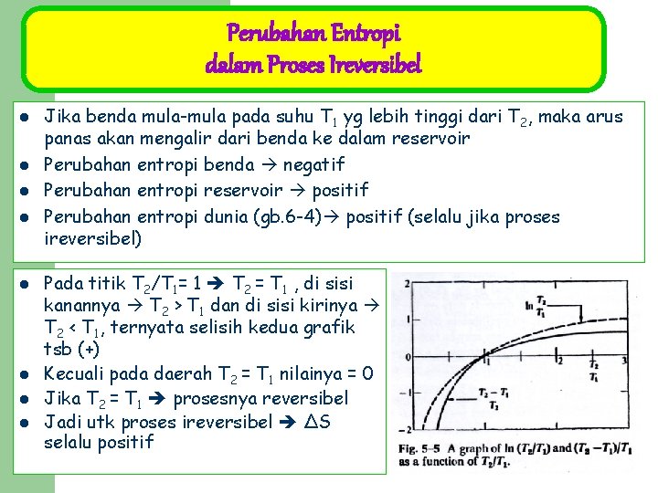 Perubahan Entropi dalam Proses Ireversibel l l l l Jika benda mula-mula pada suhu