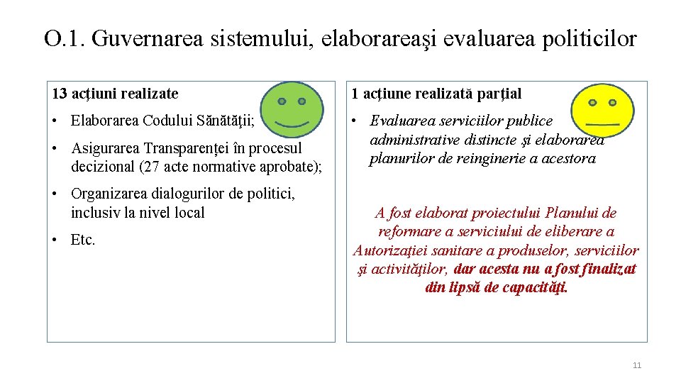 O. 1. Guvernarea sistemului, elaborareaşi evaluarea politicilor 13 acţiuni realizate 1 acţiune realizată parţial