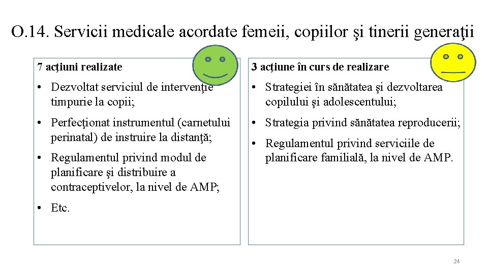 O. 14. Servicii medicale acordate femeii, copiilor şi tinerii generaţii 7 acţiuni realizate 3