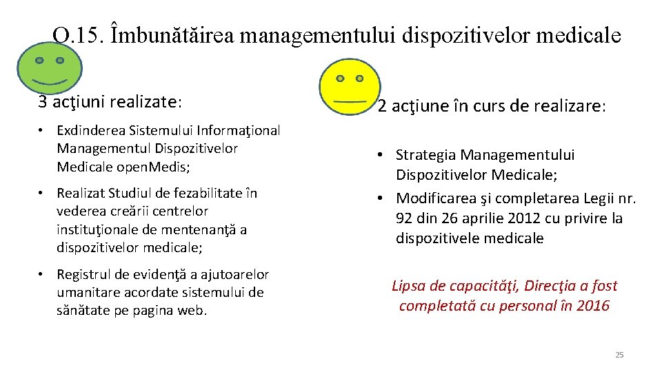 O. 15. Îmbunătăirea managementului dispozitivelor medicale 3 acţiuni realizate: • Exdinderea Sistemului Informaţional Managementul