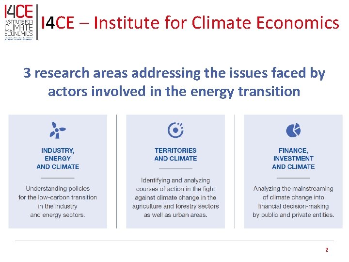 I 4 CE – Institute for Climate Economics 3 research areas addressing the issues