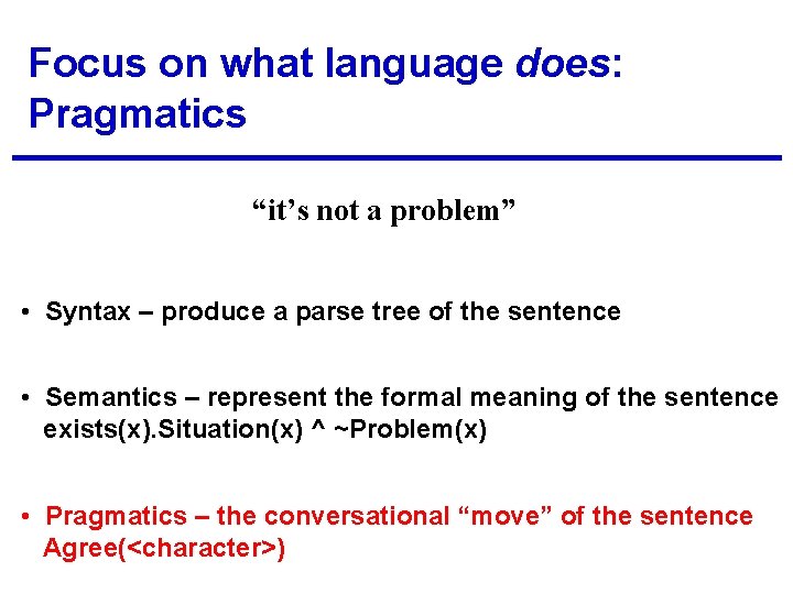 Focus on what language does: Pragmatics “it’s not a problem” • Syntax – produce