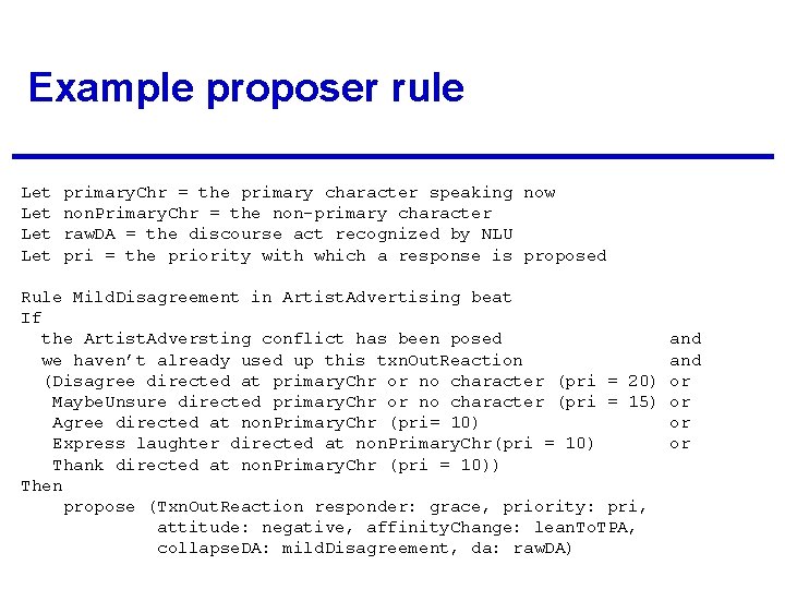 Example proposer rule Let Let primary. Chr = the primary character speaking now non.