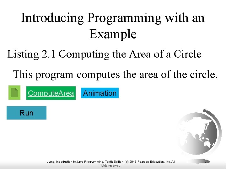 Introducing Programming with an Example Listing 2. 1 Computing the Area of a Circle