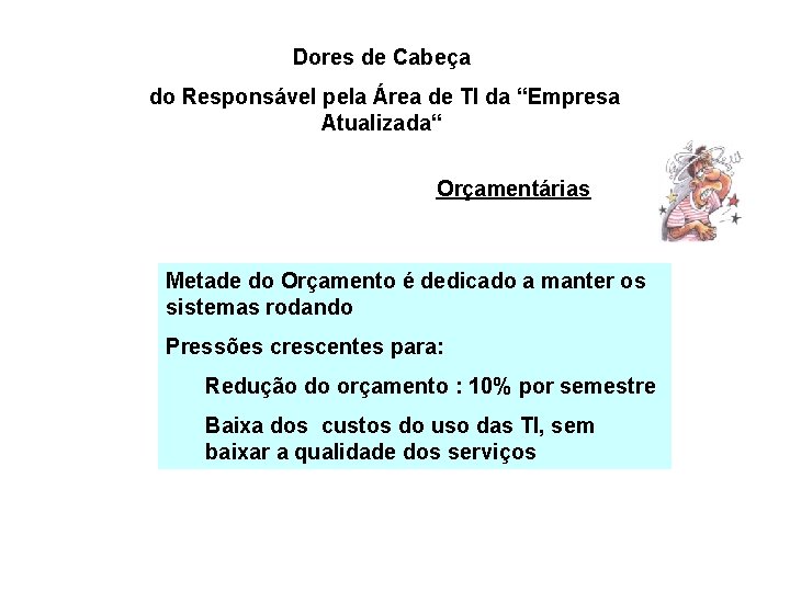 Dores de Cabeça do Responsável pela Área de TI da “Empresa Atualizada“ Orçamentárias Metade Dores de Cabeça do Responsável pela Área de TI da “Empresa Atualizada“ Orçamentárias Metade