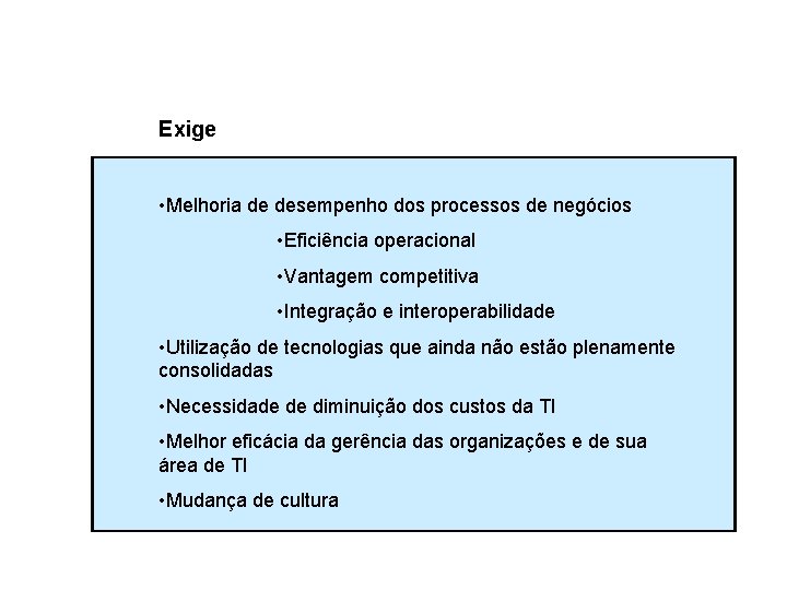 Exige • Melhoria de desempenho dos processos de negócios • Eficiência operacional • Vantagem