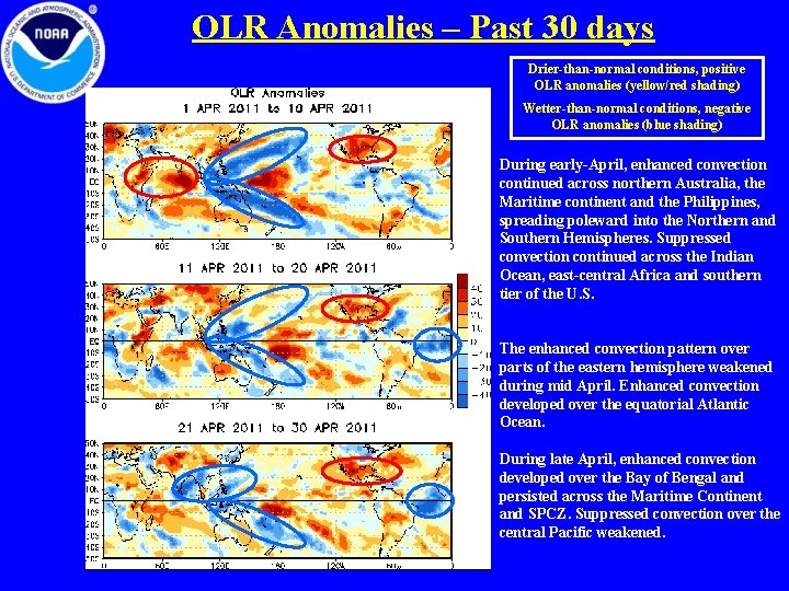 OLR Anomalies – Past 30 days Drier-than-normal conditions, positive OLR anomalies (yellow/red shading) Wetter-than-normal