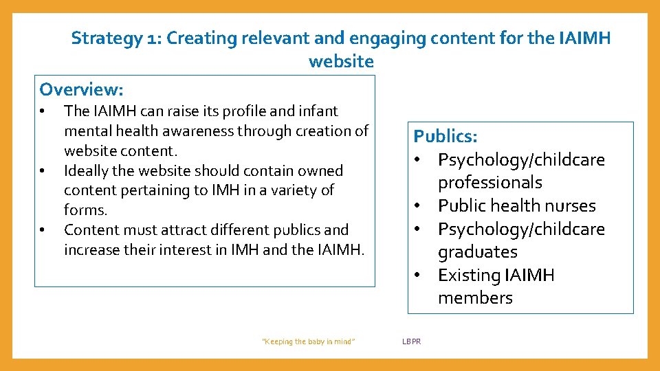 Strategy 1: Creating relevant and engaging content for the IAIMH website Overview: • •