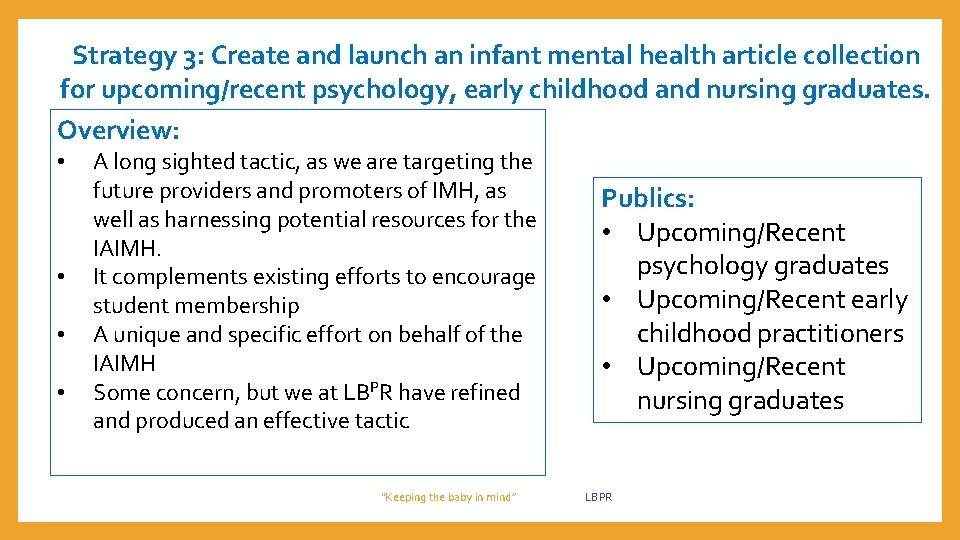 Strategy 3: Create and launch an infant mental health article collection for upcoming/recent psychology,