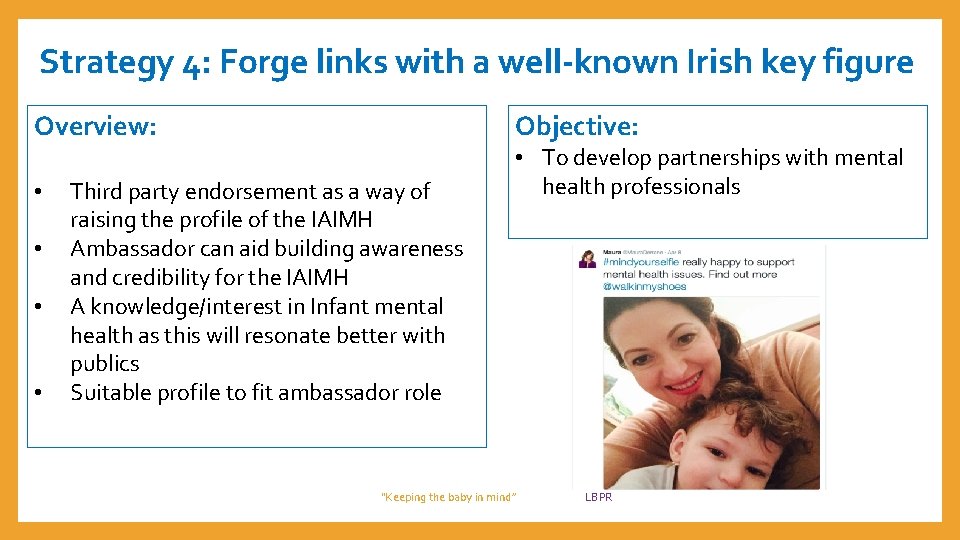 Strategy 4: Forge links with a well-known Irish key figure Objective: Overview: • •