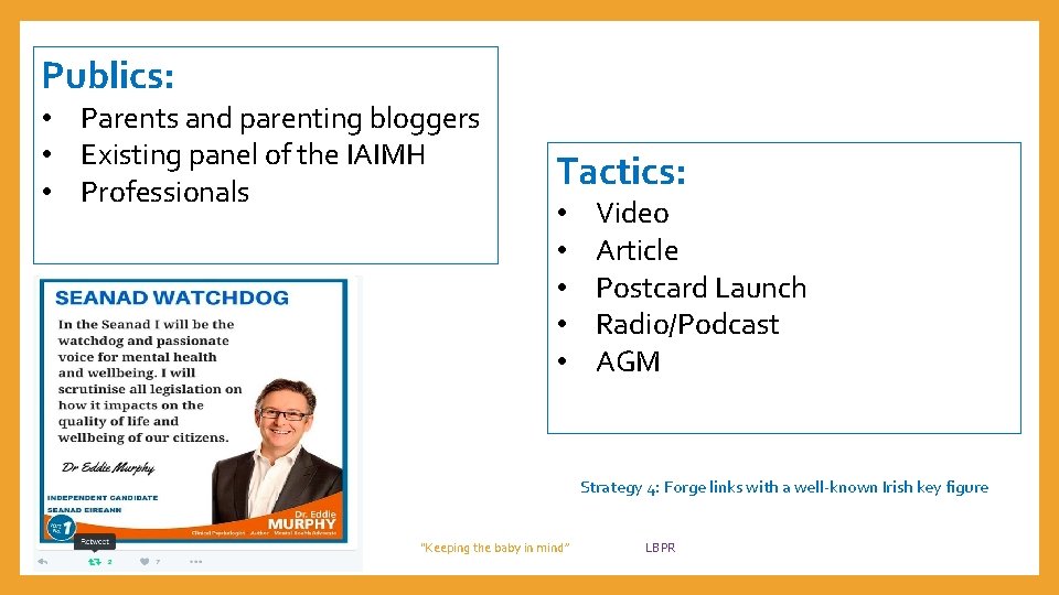 Publics: • Parents and parenting bloggers • Existing panel of the IAIMH • Professionals