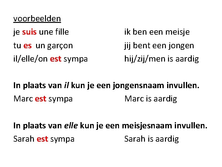 voorbeelden je suis une fille tu es un garçon il/elle/on est sympa ik ben