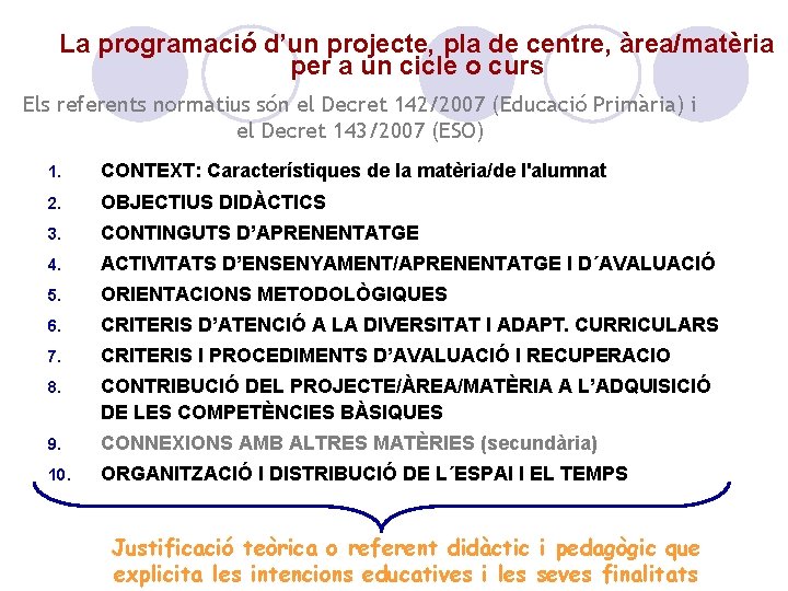La programació d’un projecte, pla de centre, àrea/matèria per a un cicle o curs