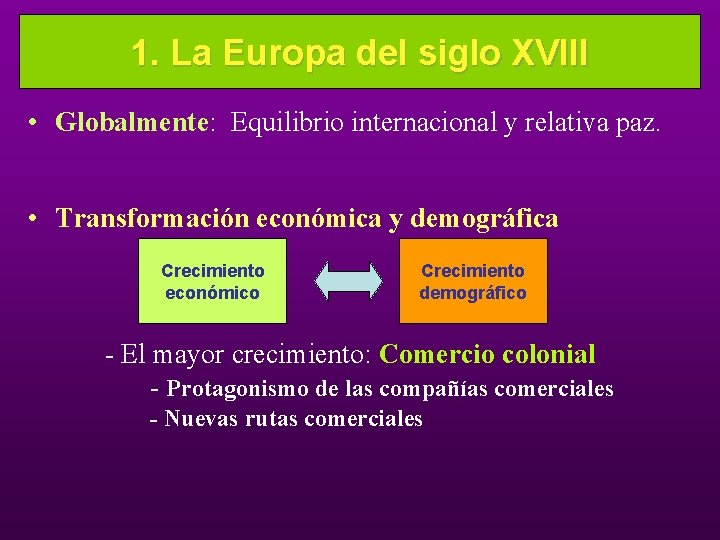 1. La Europa del siglo XVIII • Globalmente: Equilibrio internacional y relativa paz. •