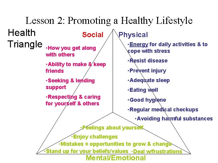 Lesson 2: Promoting a Healthy Lifestyle Health Triangle Social • How you get along