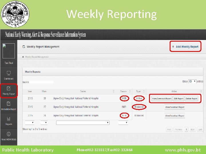 Weekly Reporting Public Health Laboratory Phone#02 -323317/Fax#02 -332464 www. phls. gov. bt 