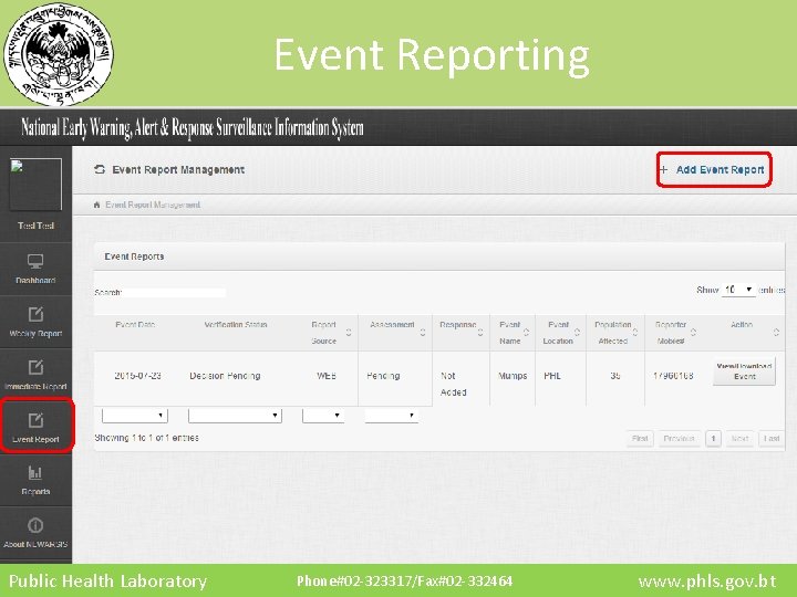 Event Reporting Public Health Laboratory Phone#02 -323317/Fax#02 -332464 www. phls. gov. bt 
