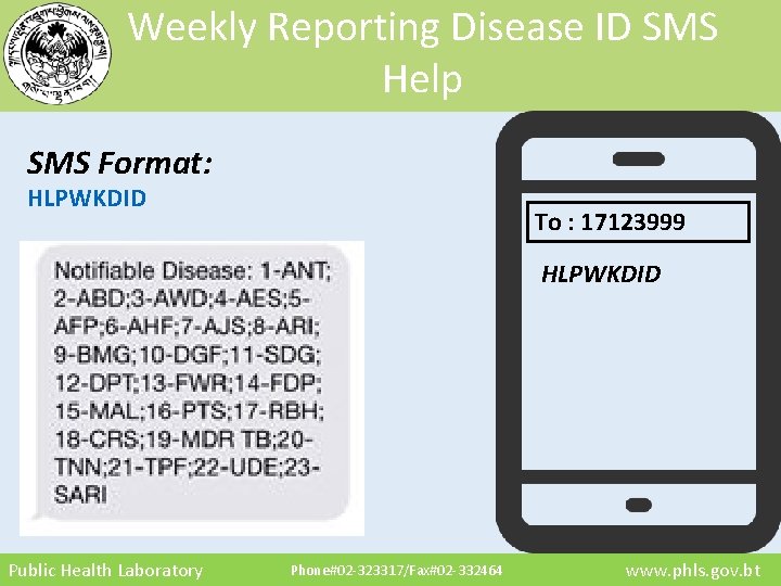 Weekly Reporting Disease ID SMS Help SMS Format: HLPWKDID To : 17123999 HLPWKDID Public