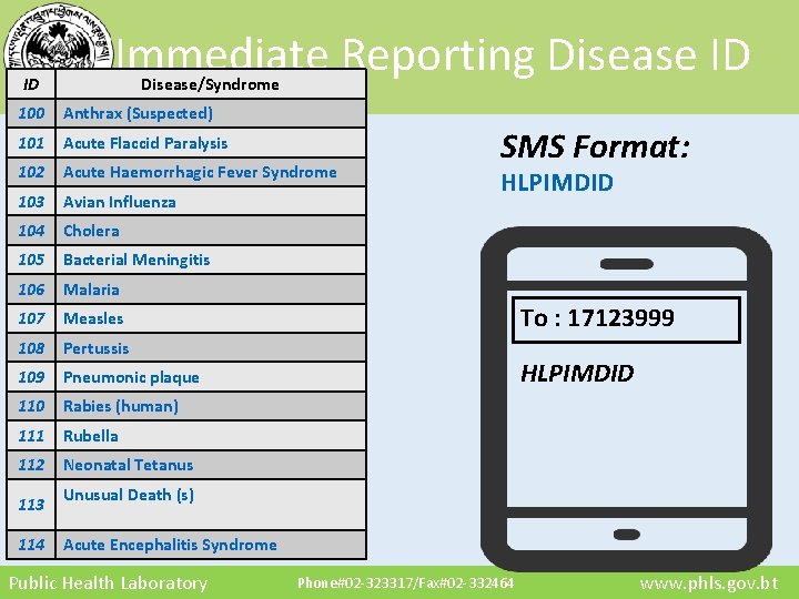 ID Immediate Reporting Disease ID Disease/Syndrome 100 Anthrax (Suspected) 101 Acute Flaccid Paralysis 102