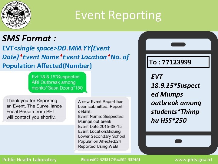 Event Reporting SMS Format : EVT<single space>DD. MM. YY(Event Date)*Event Name*Event Location*No. of Population