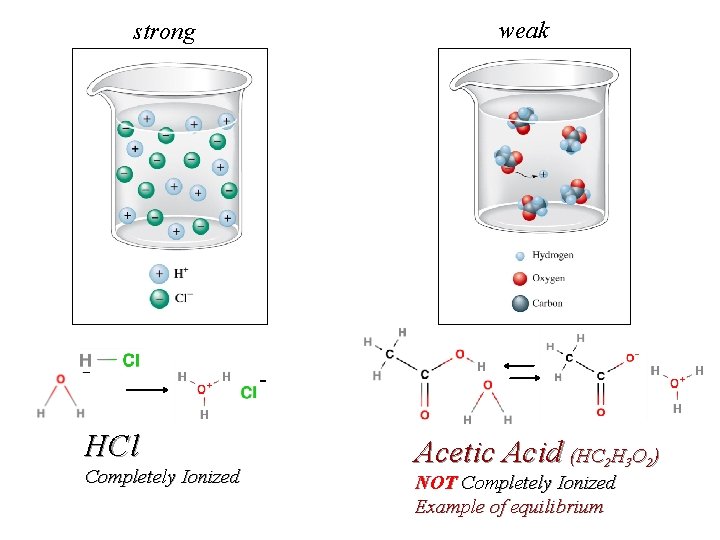 weak strong - HCl Completely Ionized Acetic Acid (HC 2 H 3 O 2)