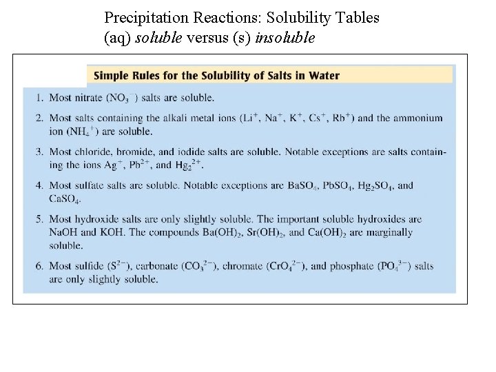 Precipitation Reactions: Solubility Tables (aq) soluble versus (s) insoluble 