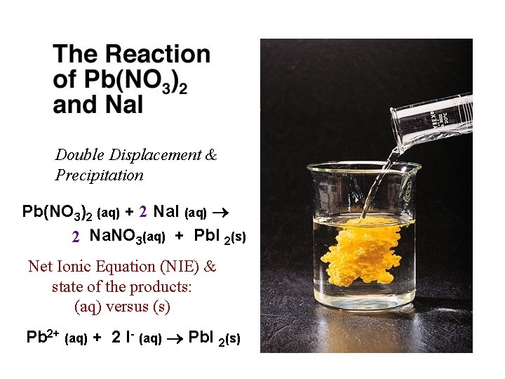 Double Displacement & Precipitation Pb(NO 3)2 (aq) + 2 Na. I (aq) 2 Na.