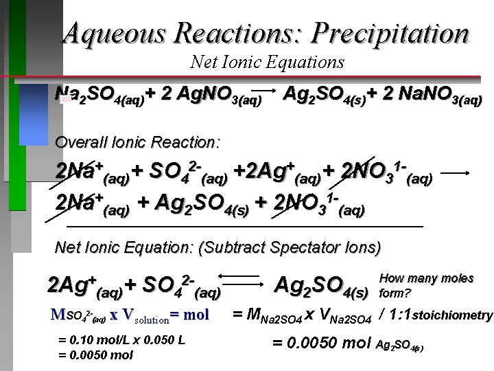 Aqueous Reactions: Precipitation Net Ionic Equations Na 2 SO 4(aq)+ 2 Ag. NO 3(aq)