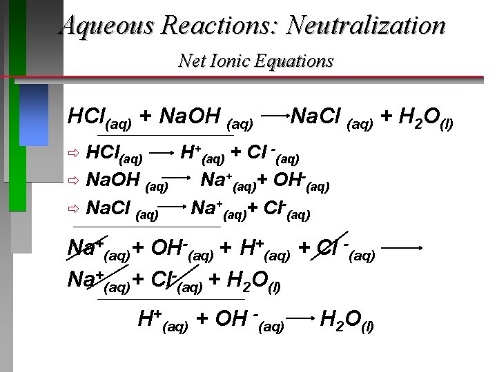 Aqueous Reactions: Neutralization Net Ionic Equations HCl(aq) + Na. OH (aq) __________________________ Na. Cl