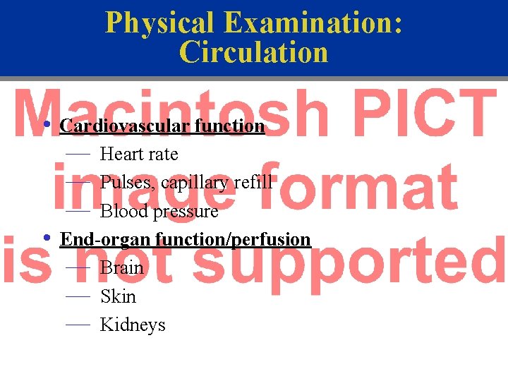 Physical Examination: Circulation • Cardiovascular function — Heart rate — Pulses, capillary refill —