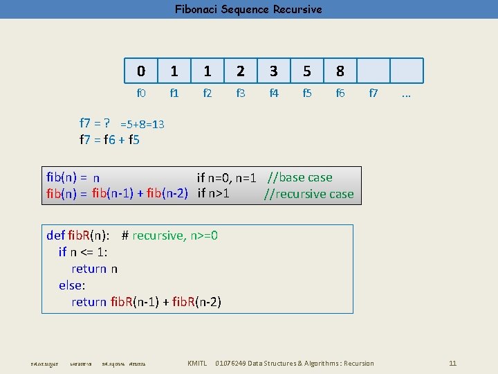 Fibonaci Sequence Recursive 0 1 1 2 3 5 8 f 0 f 1