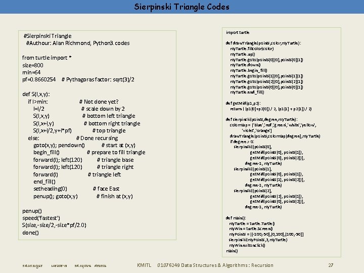 Sierpinski Triangle Codes import turtle #Sierpinski Triangle #Authour: Alan Richmond, Python 3. codes from