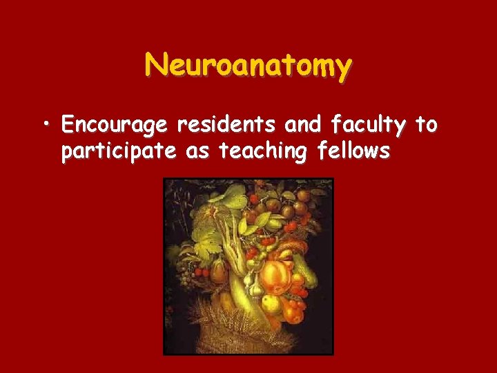 Neuroanatomy • Encourage residents and faculty to participate as teaching fellows 