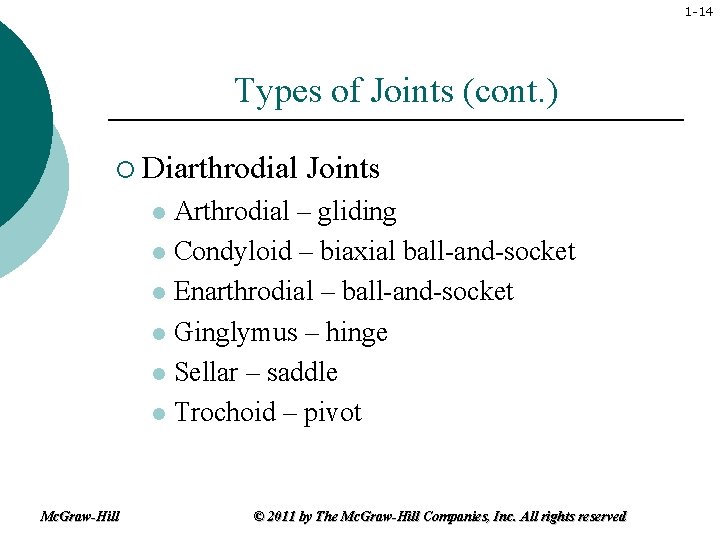 1 -14 Types of Joints (cont. ) ¡ Diarthrodial Joints Arthrodial – gliding l