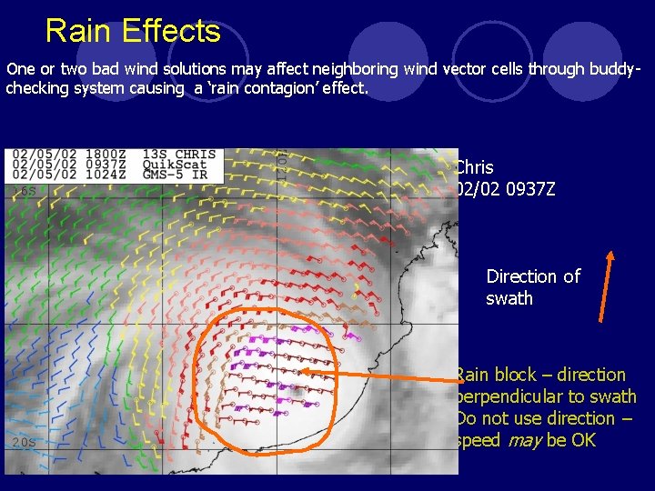 Rain Effects One or two bad wind solutions may affect neighboring wind vector cells Rain Effects One or two bad wind solutions may affect neighboring wind vector cells