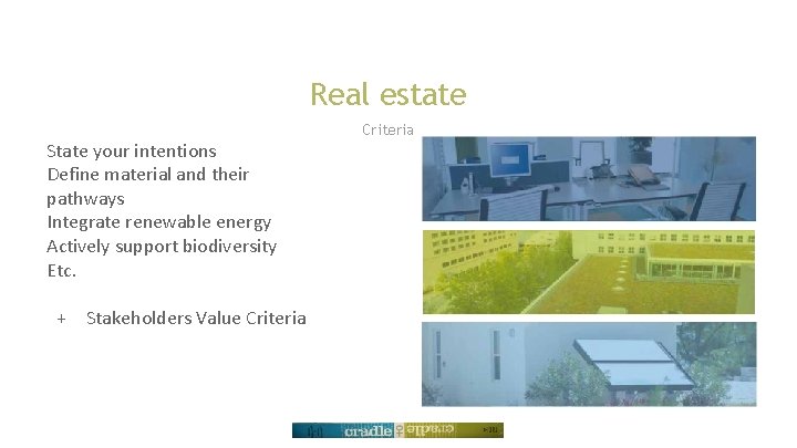 Real estate State your intentions Define material and their pathways Integrate renewable energy Actively