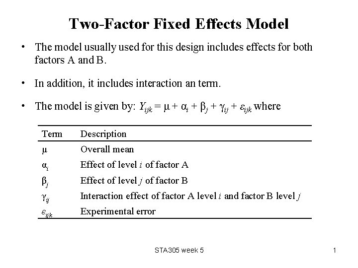 Two-Factor Fixed Effects Model • The model usually used for this design includes effects