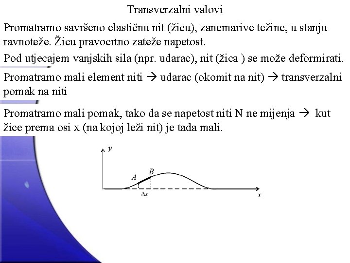 Transverzalni valovi Promatramo savršeno elastičnu nit (žicu), zanemarive težine, u stanju ravnoteže. Žicu pravocrtno