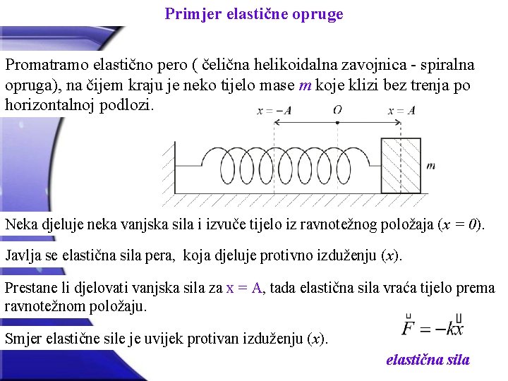 Primjer elastične opruge Promatramo elastično pero ( čelična helikoidalna zavojnica - spiralna opruga), na
