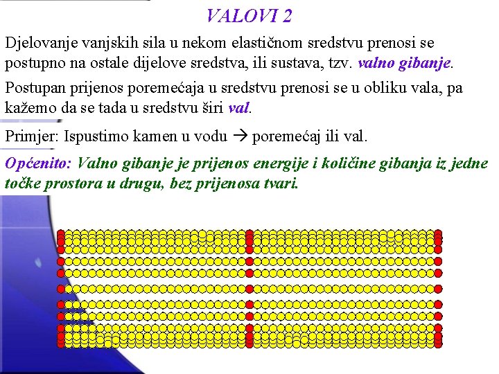 VALOVI 2 Djelovanje vanjskih sila u nekom elastičnom sredstvu prenosi se postupno na ostale