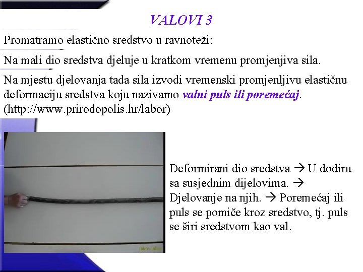 VALOVI 3 Promatramo elastično sredstvo u ravnoteži: Na mali dio sredstva djeluje u kratkom