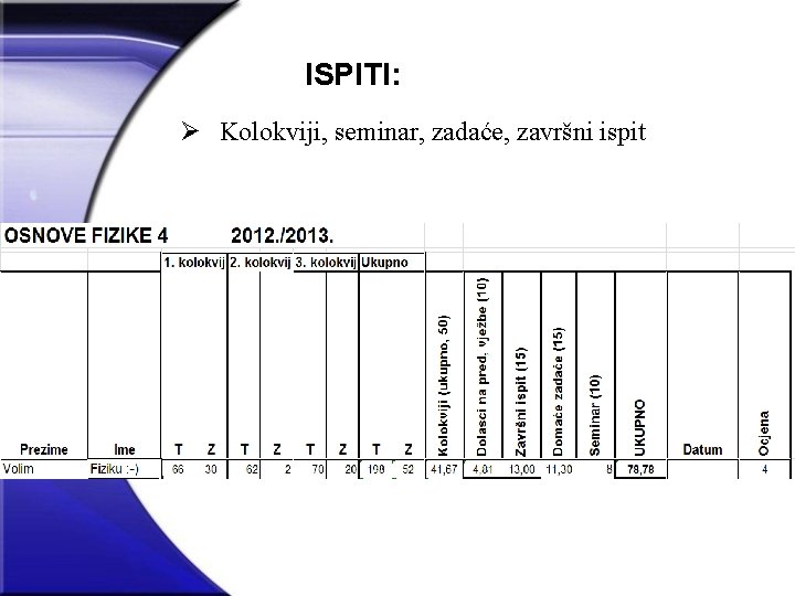 ISPITI: Ø Kolokviji, seminar, zadaće, završni ispit 