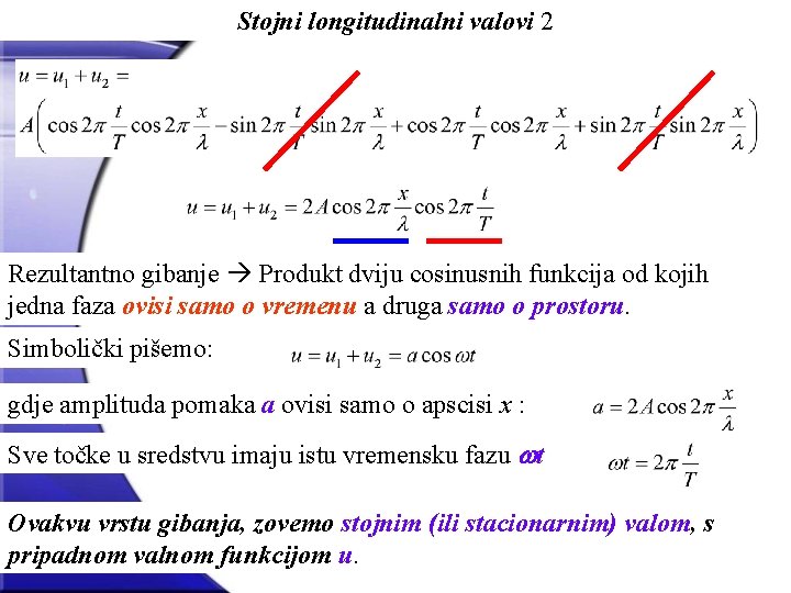 Stojni longitudinalni valovi 2 Rezultantno gibanje Produkt dviju cosinusnih funkcija od kojih jedna faza