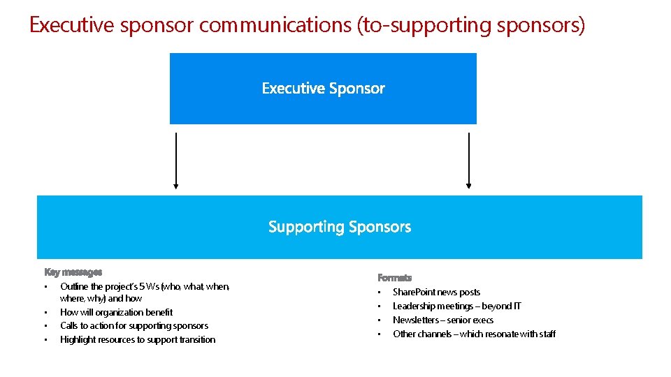 Executive sponsor communications (to-supporting sponsors) • • Outline the project’s 5 Ws (who, what,
