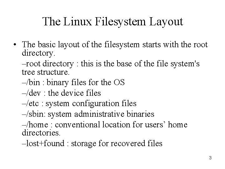 The Linux Filesystem Layout • The basic layout of the filesystem starts with the